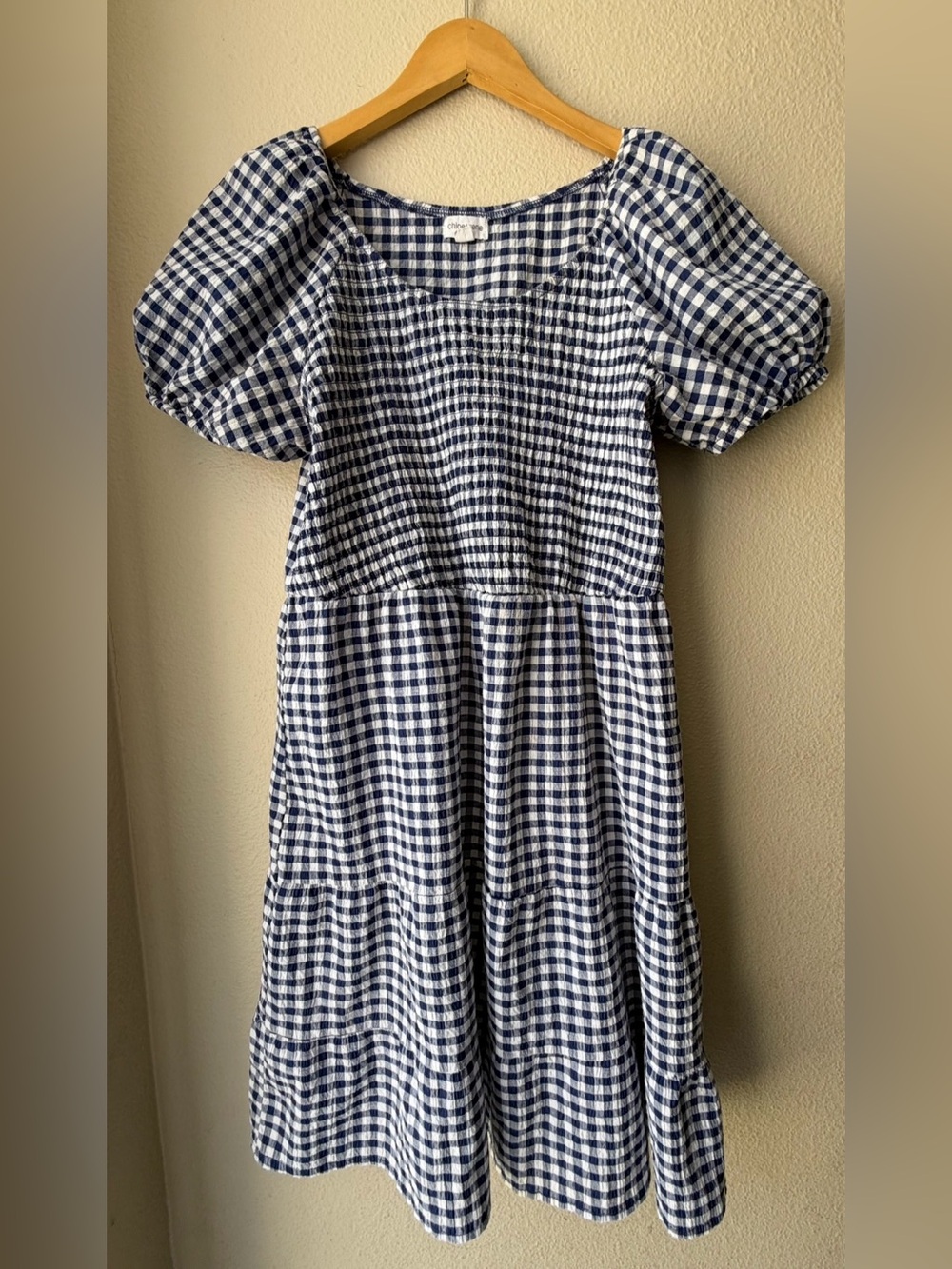 Navy Gingham Puff-Sleeve Smocked Summer Dress Lightweight Stretchy Petite Large